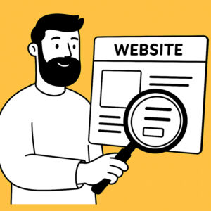 Productfoto: illustratie van man die met een vergrootglas een website bestudeert